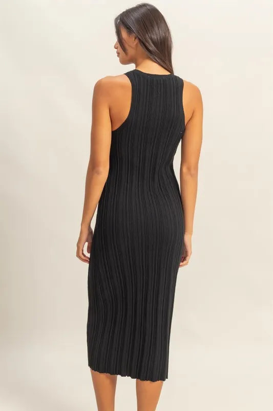 HYFVE round neck bodycon ribbed knit dress featuring a fitted silhouette and soft ribbed fabric, perfect for casual or dressy occasions.