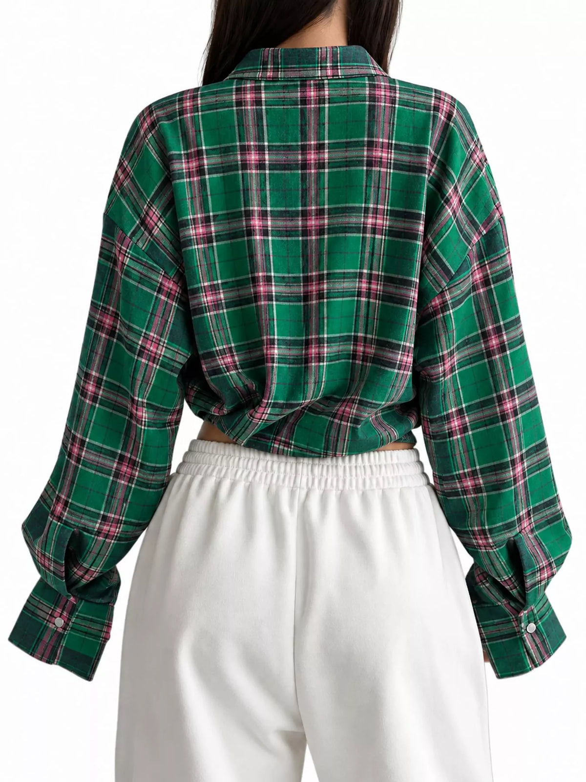 Trendsi plaid button-up shirt featuring a classic checkered pattern in neutral tones, long sleeves, and collar for a casual look.