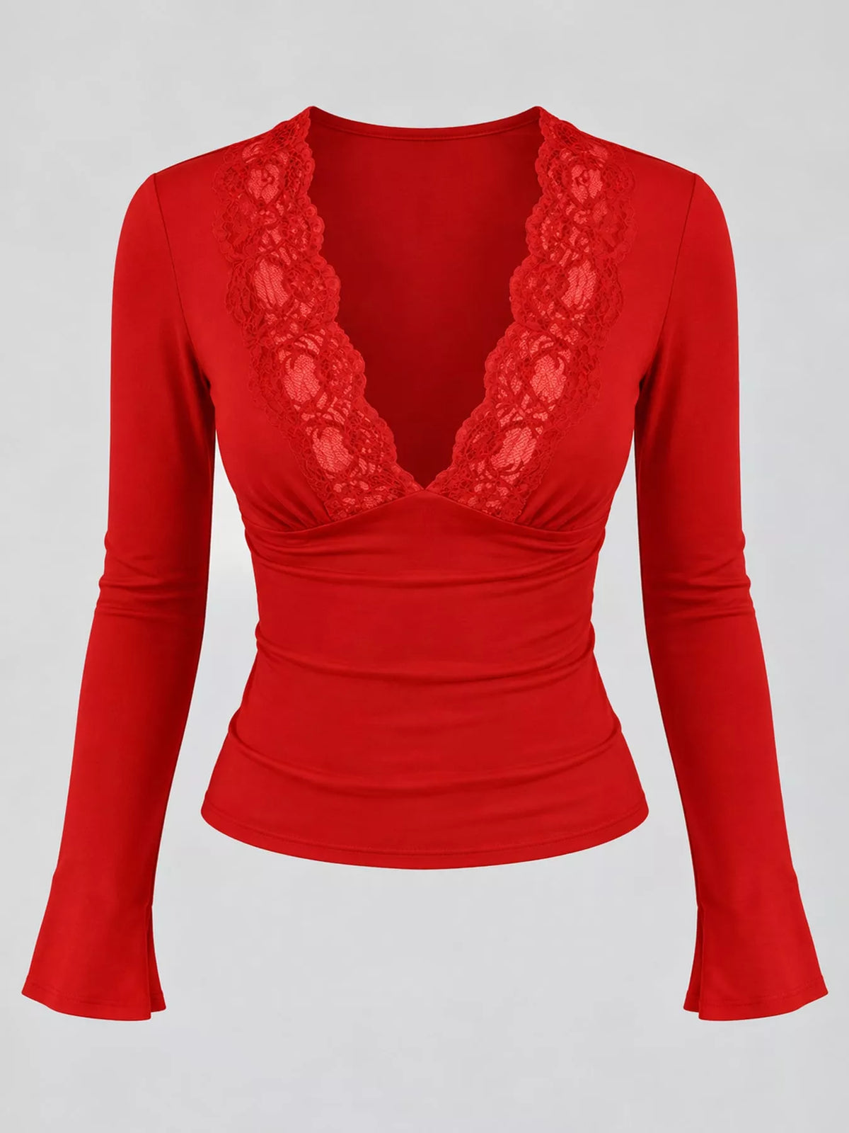 Lace trim V-neck long sleeve slim fit T-shirt by Trendsi, featuring delicate lace details and a fitted silhouette.
