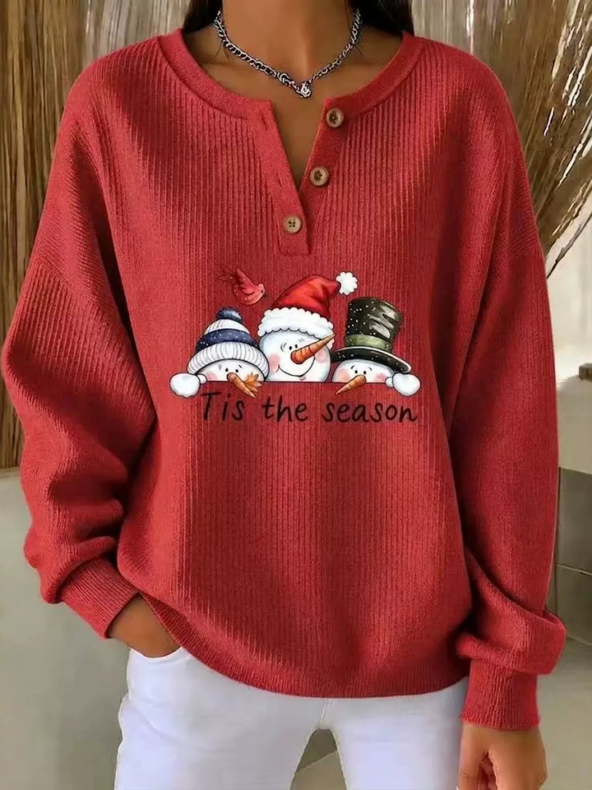 Christmas snowman graphic ribbed henley sweatshirt, view 3