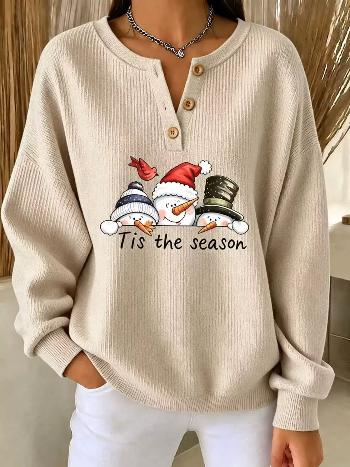 Christmas snowman graphic ribbed henley sweatshirt, view 13