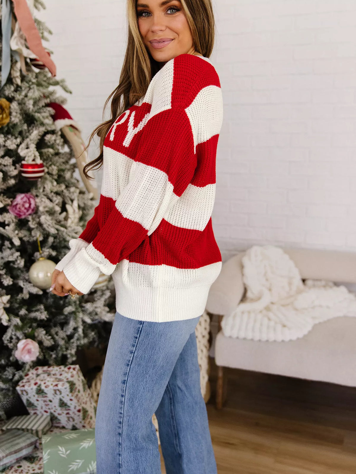 Scarlet striped MERRY Christmas sweater with drop shoulders, view 7