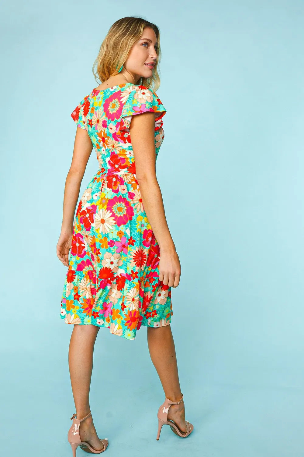 Haptics Floral Square Neck Short Sleeve Dress in vibrant pattern, lightweight fabric, fitted waist, and elegant short sleeves.