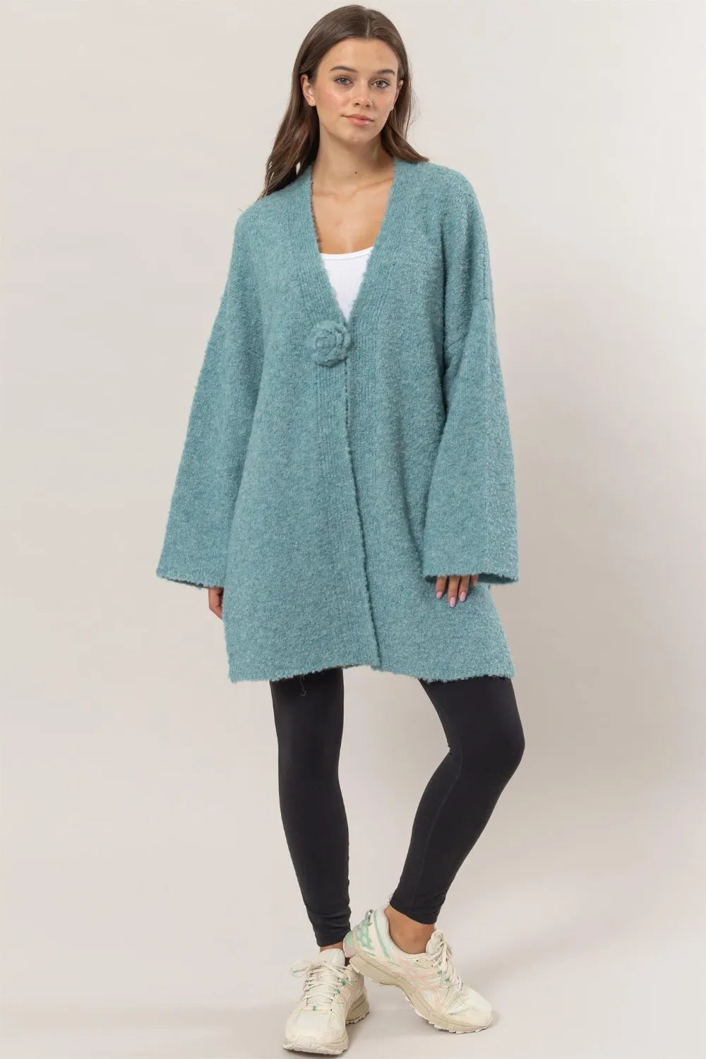 Ocean blue longline sweater cardigan with front rosette, view 4