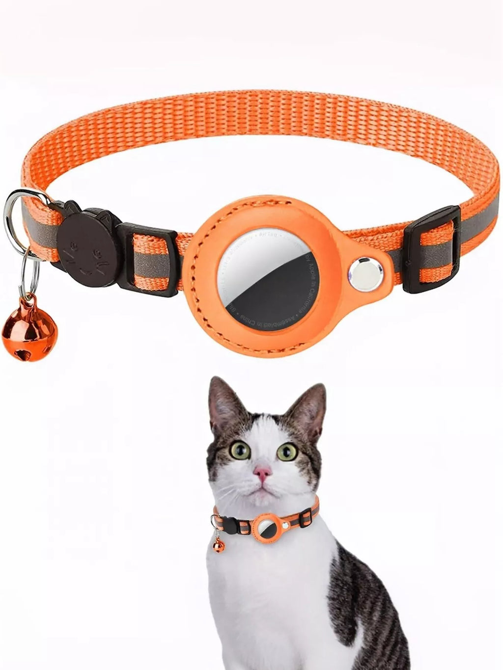 Reflective pet collar with Airtag holder, bell, and anti-lost tracker by Trendsi, designed for dogs and cats.
