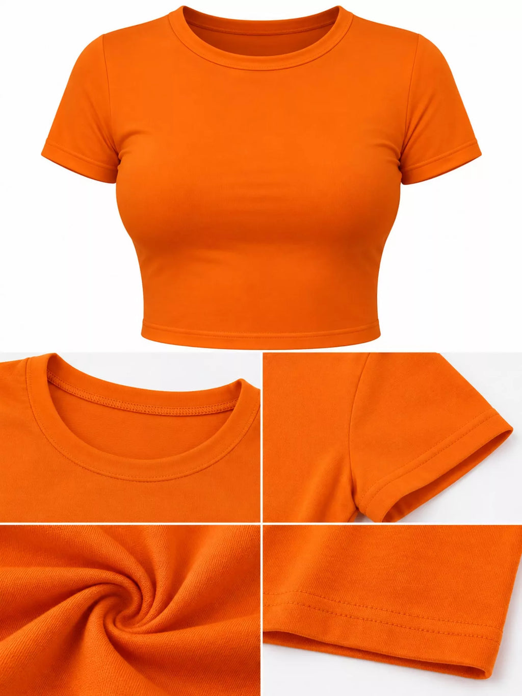 Slim fit basic crew neck short sleeve crop T-shirt by Trendsi, shown in black with a close-up of the fitted design and neckline.