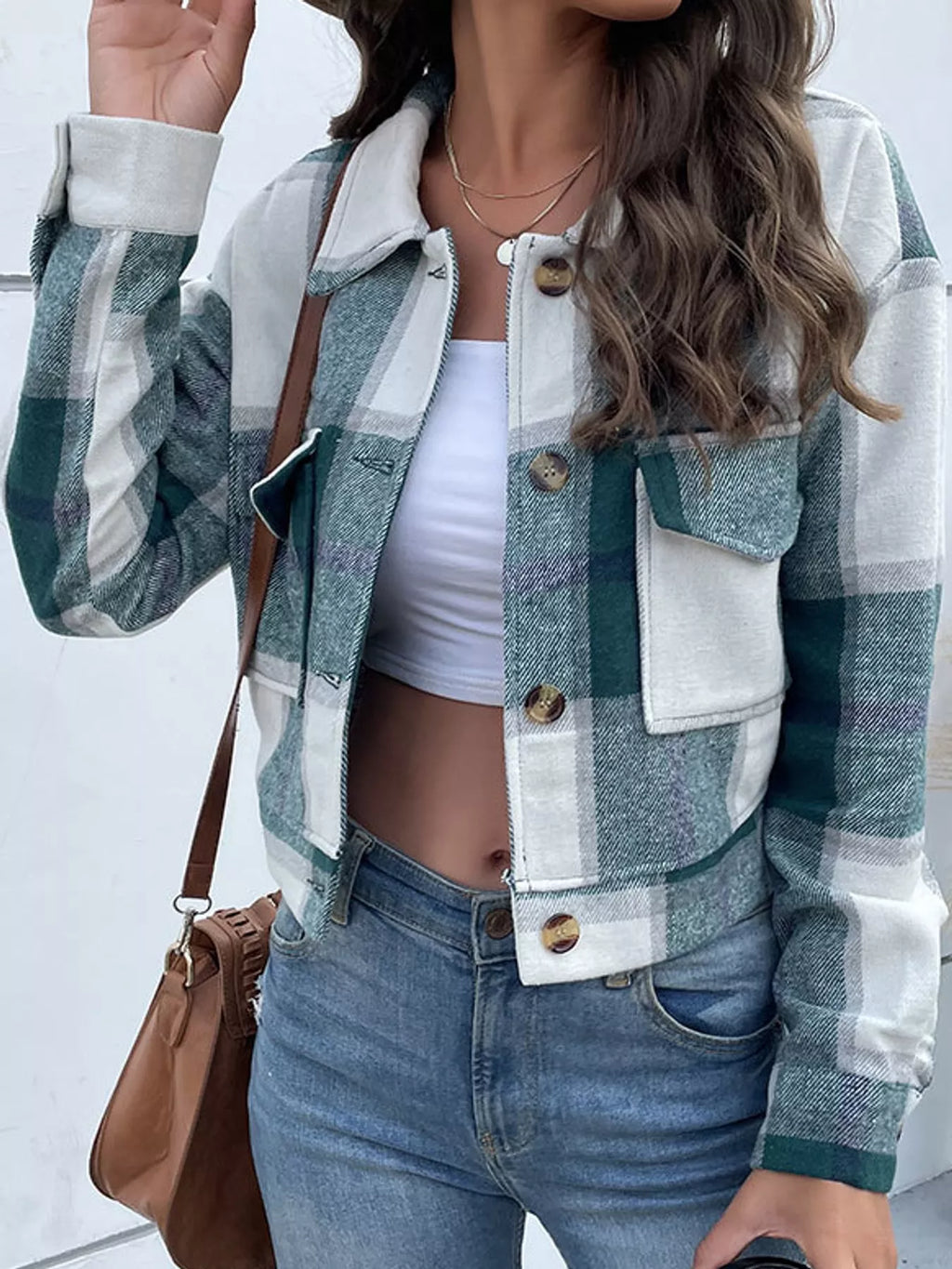 Plaid button-front cropped jacket, view 19
