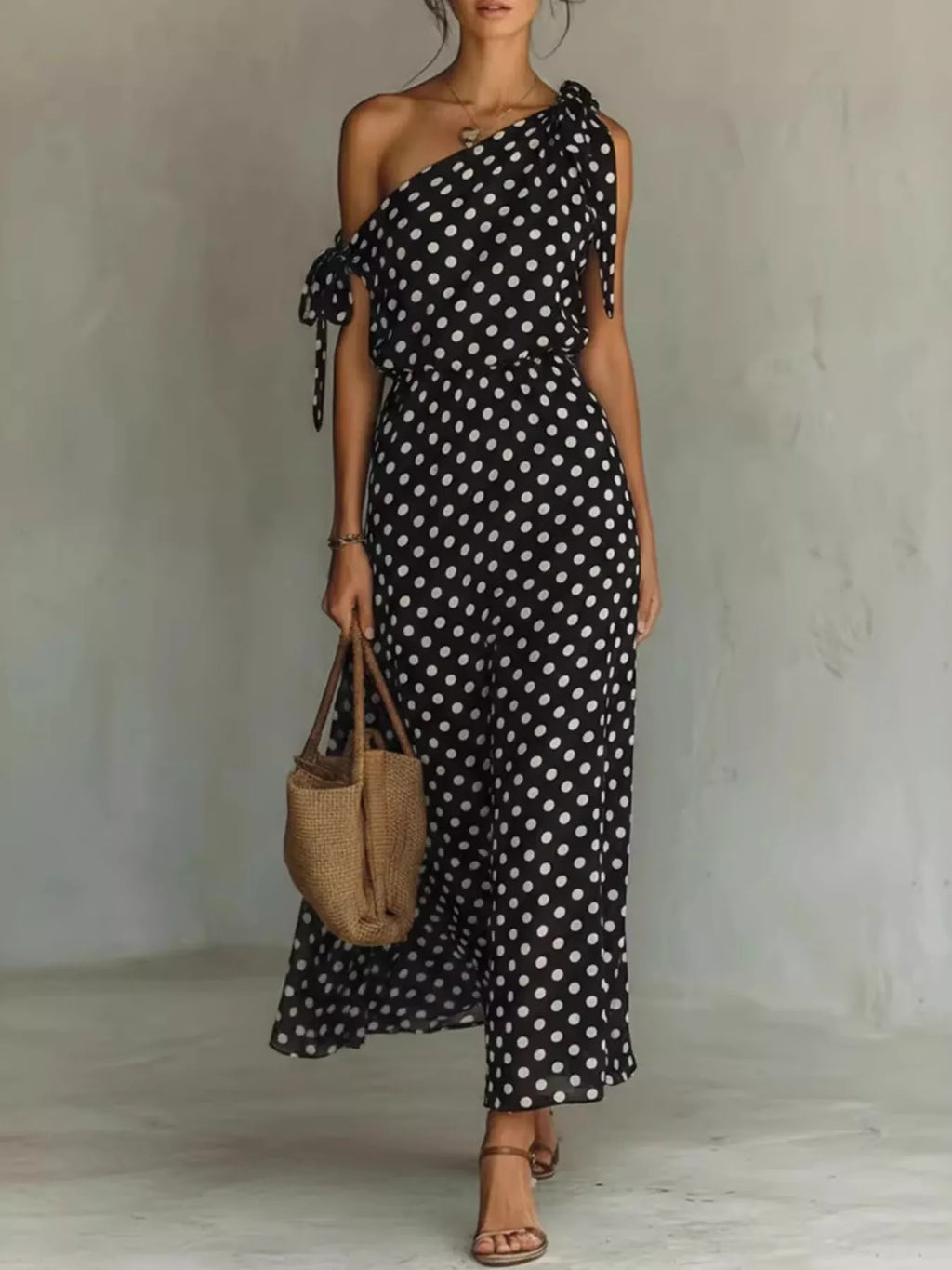 Plus size Trendsi polka dot one-shoulder maxi dress, full-length view showcasing its elegant design and flowing fabric.