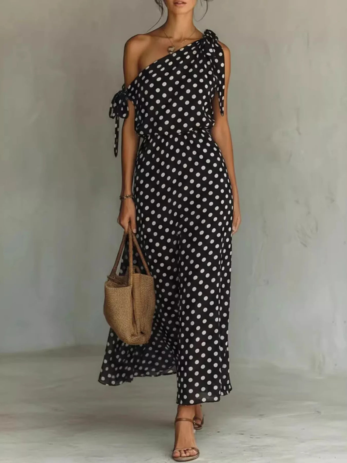 Plus size Trendsi polka dot one-shoulder maxi dress, full-length view showcasing its elegant design and flowing fabric.