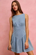 Sleeveless denim mini dress from SO ME Fit And Flare collection by Trendsi, featuring a flared skirt and fitted bodice.
