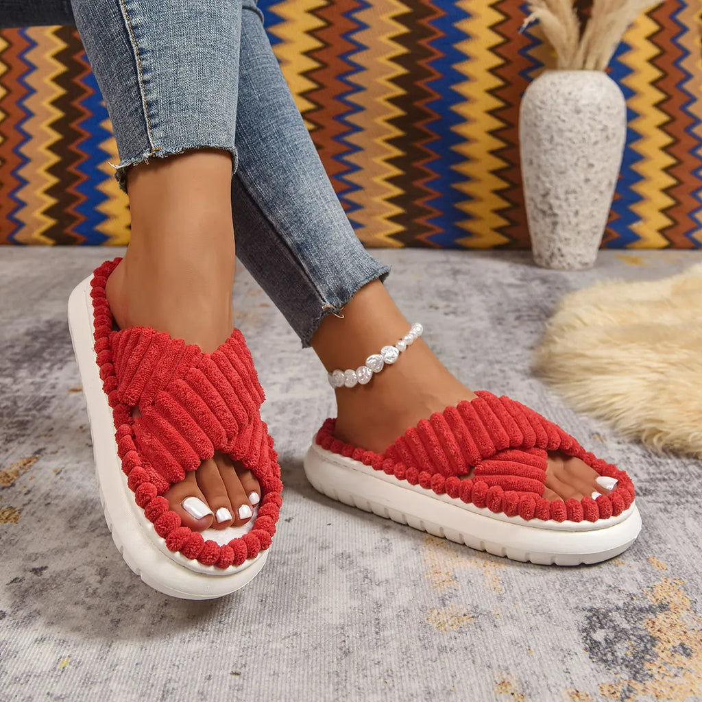 Crisscross open toe platform slippers by Trendsi featuring a stylish design and elevated sole, perfect for casual or lounge wear.