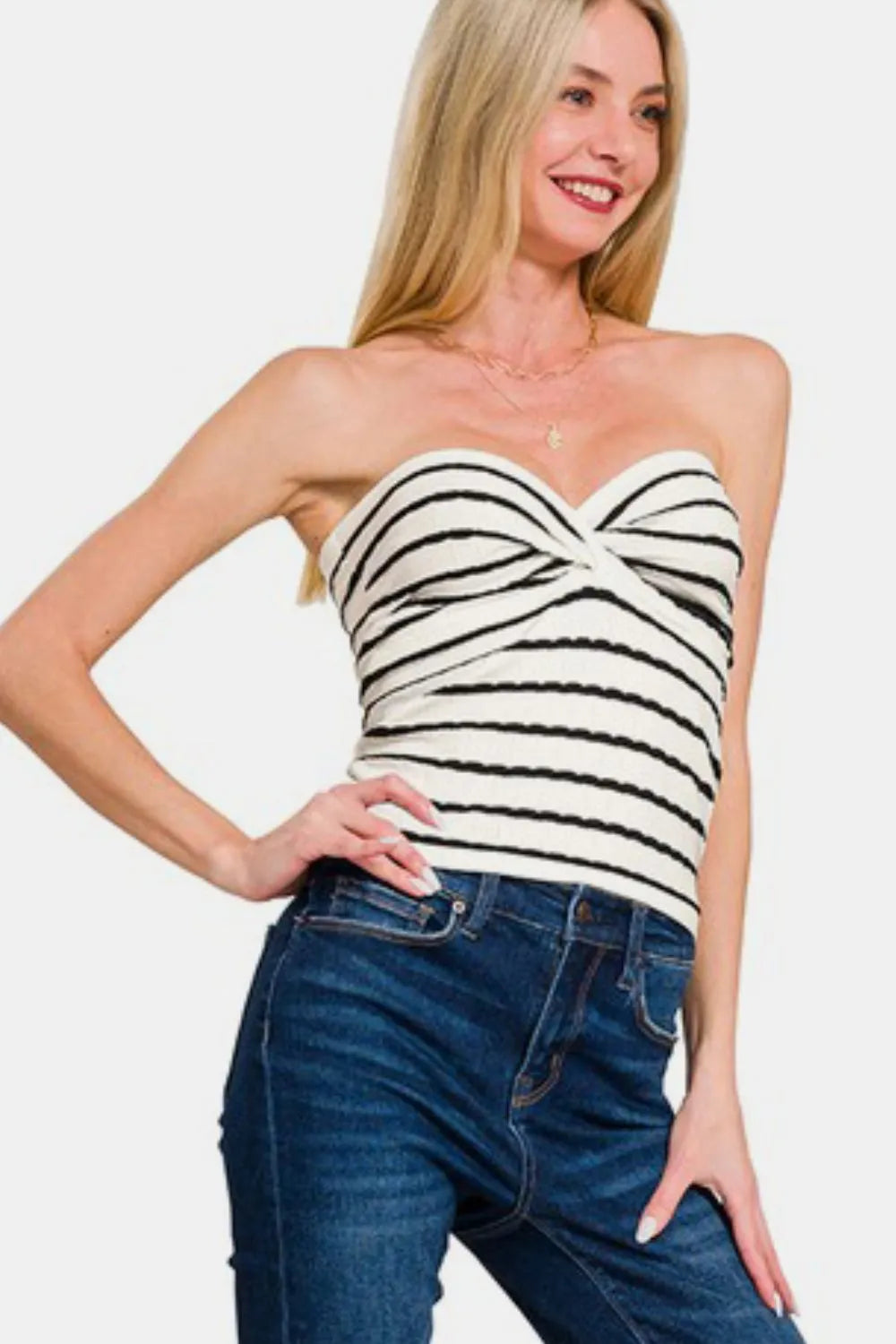 Striped Zenana Twisted Sweetheart Neck Tube Top by Trendsi, featuring a fitted design and sweetheart neckline.