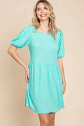 Textured round neck puff sleeve dress by Trendsi featuring a full size fit and stylish textured fabric.