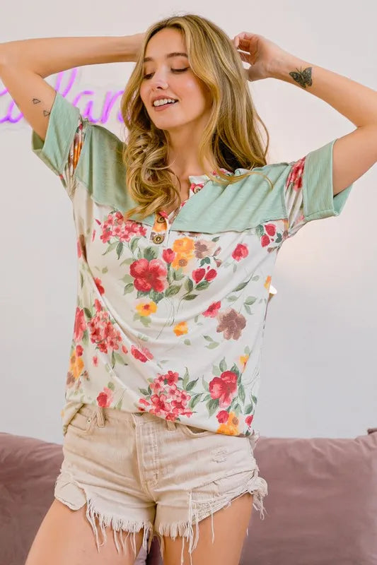 Trendsi BiBi floral button detail round neck short sleeve terry T-shirt with colorful floral pattern on soft fabric