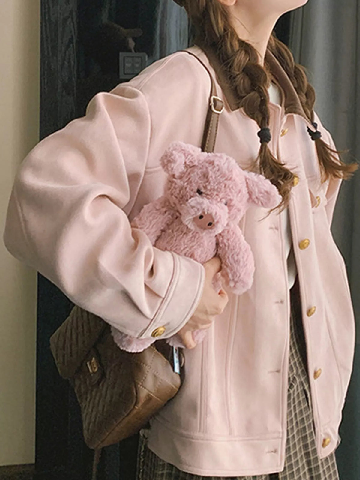 Pink suede button-up dropped shoulder jacket, view 7