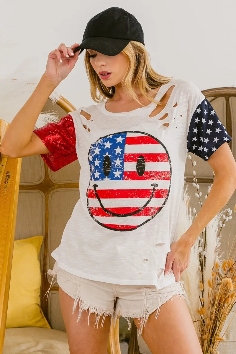 Trendsi BiBi Fourth of July top with laser cut details and smile face design, casual summer fashion for festive celebrations.