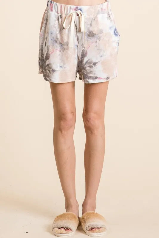 Colorful BiBi tie dye Terry shorts with drawstring waist from Trendsi, featuring a relaxed fit and casual style.