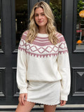 White geometric crew neck knit sweater