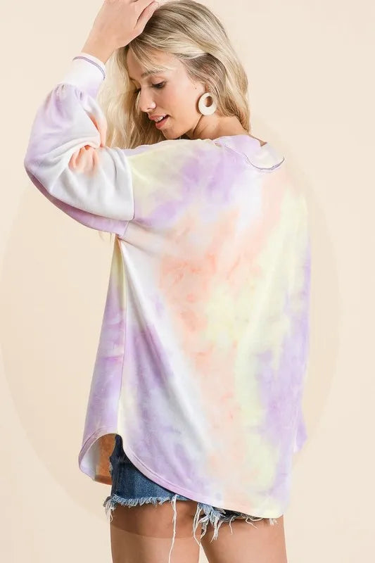 BiBi Tie Dye French Terry V-Neck Top with puff sleeves, casual women's fashion, soft fabric, trendy colorful design.