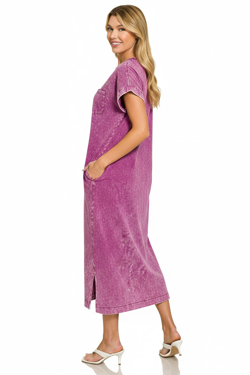 Zenana washed exposed seam short sleeve T-shirt dress with casual fit and distressed details, shown on a model.