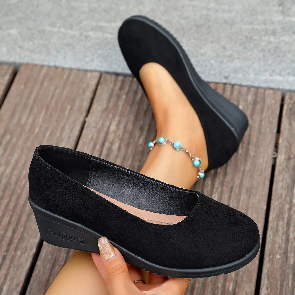 Wedge heel slip-on loafers from Trendsi featuring a sleek design, comfortable fit, and stylish appearance.