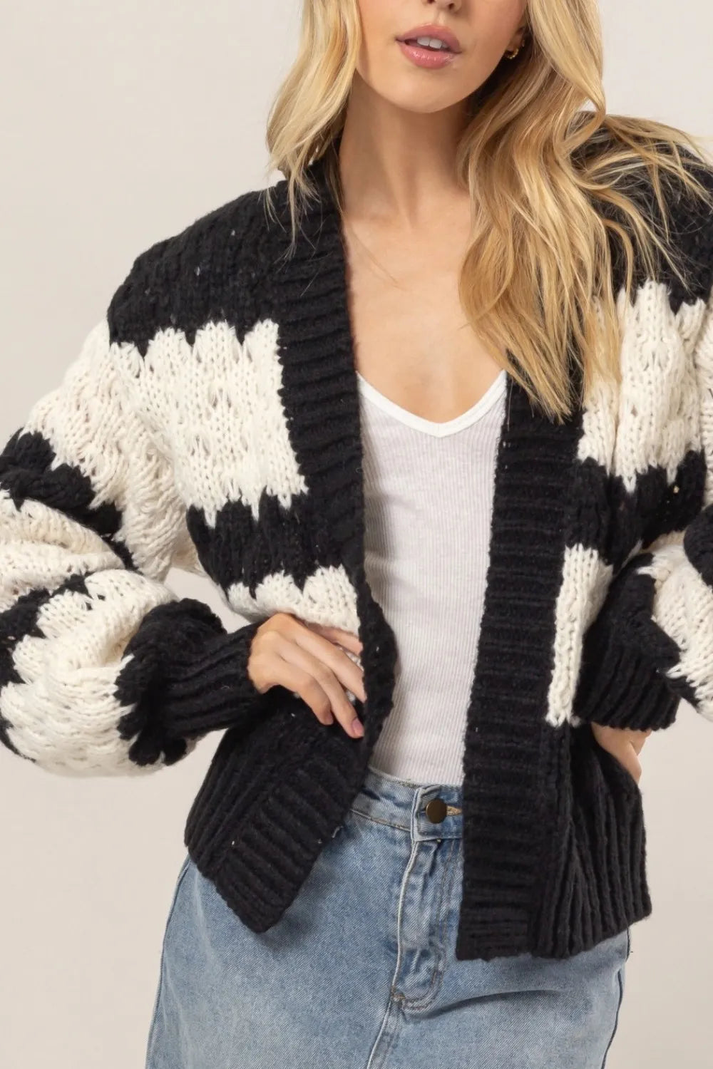 Hyfve scallop striped open front long sleeve sweater cardigan with ribbed cuffs and hem, casual and stylish for layered looks.