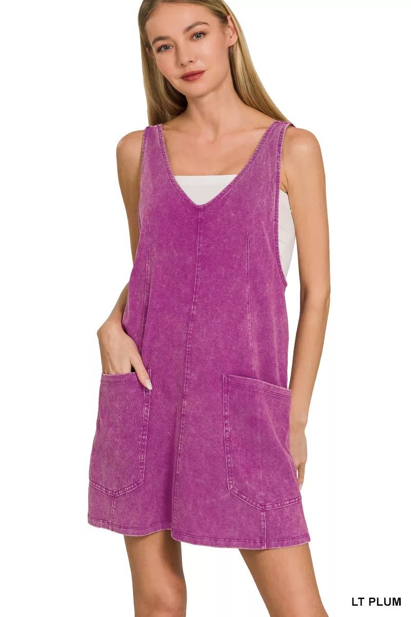 Light plum acid wash overall knit mini dress, view 2