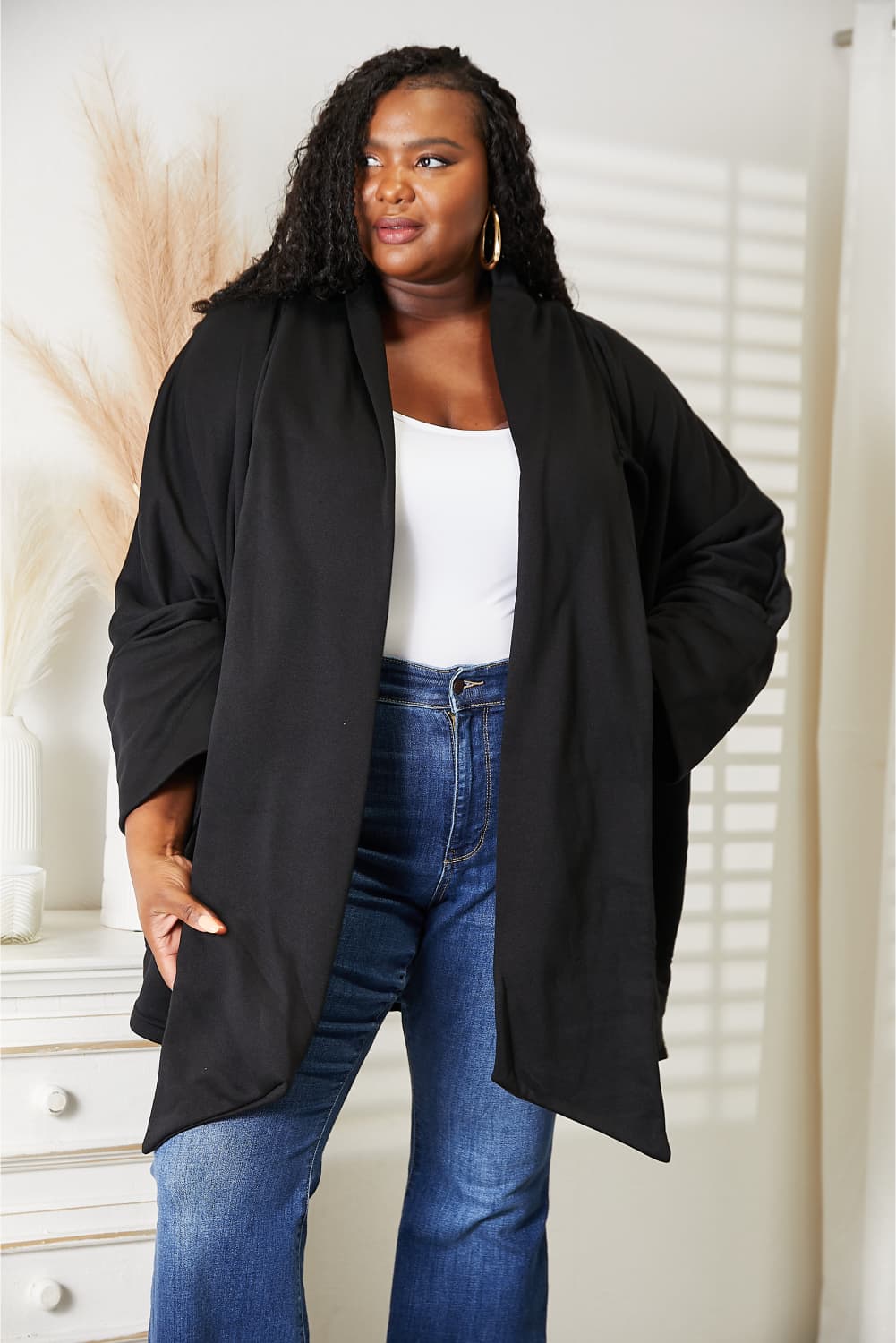Heyson full size open front cardigan with scarf design, featuring long sleeves and cozy knit fabric in neutral tones.
