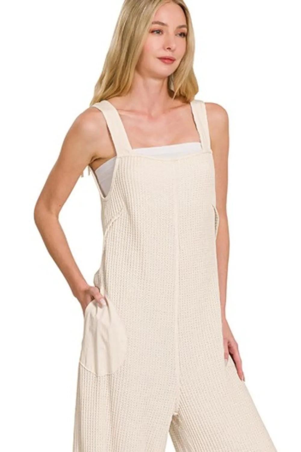 Zenana Knit Waffle Wide Leg Overalls in soft fabric, featuring a relaxed fit and wide-leg design, perfect for casual wear.