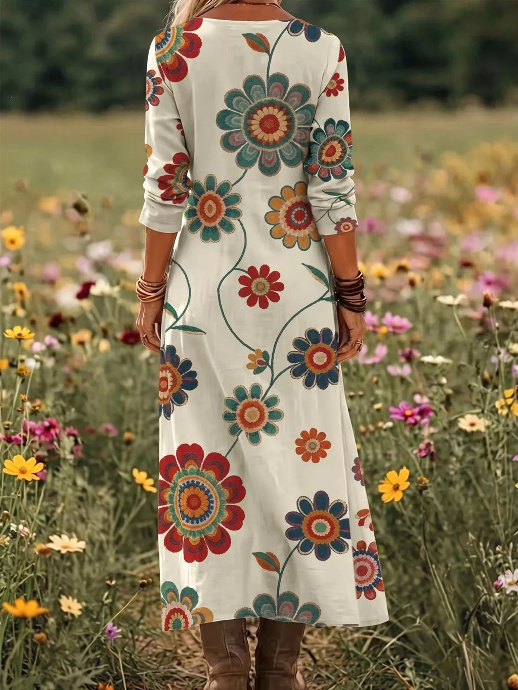 Floral print V-neck long sleeve maxi dress by Trendsi, featuring a flowing silhouette and vibrant floral pattern.