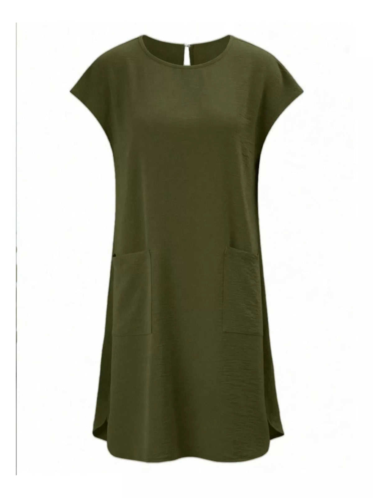 Loose fit T-shirt dress with pockets, casual and comfortable, by Trendsi, shown in a relaxed fit with front pockets.
