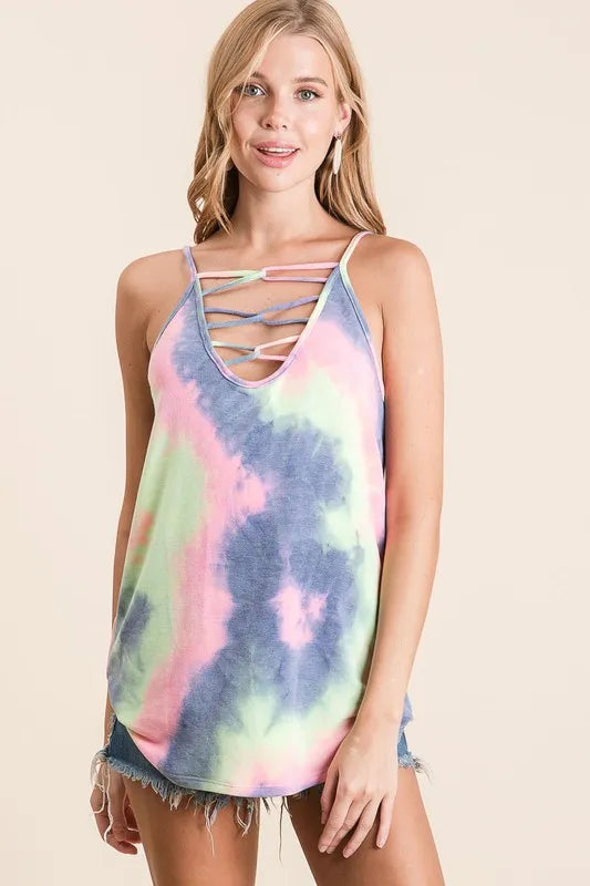 Colorful BiBi tie-dye terry camisole with caged neckline, trendy fashion top by Trendsi, shown on a model.
