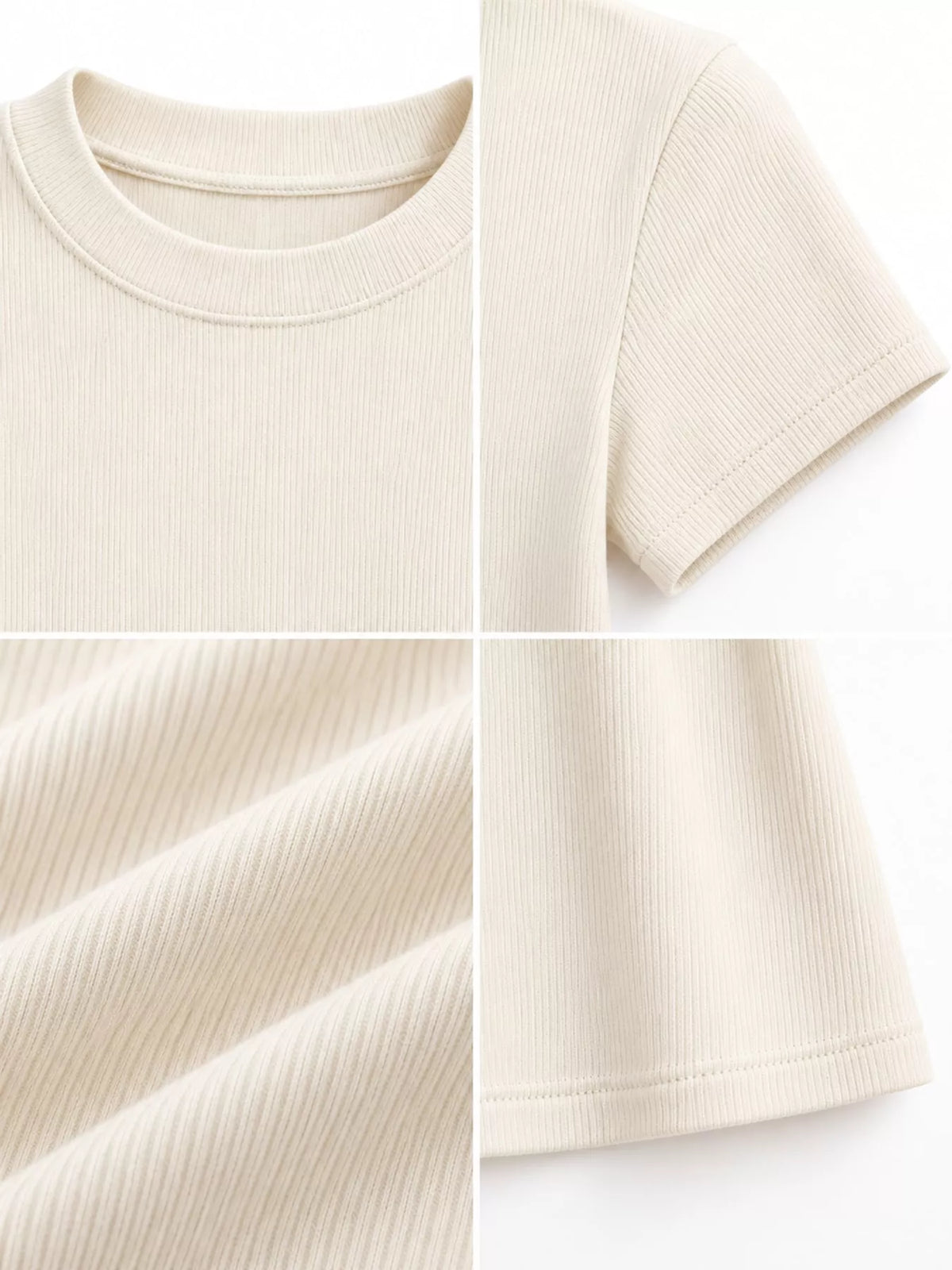 Slim-fit crew neck basic T-shirt by Trendsi, shown in a neutral color, close-up of the soft fabric and fitted style.