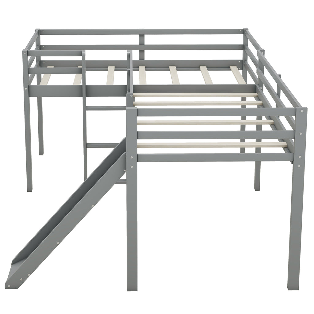 L-Shaped Twin Loft Bed with Ladder & Slide – Gray
