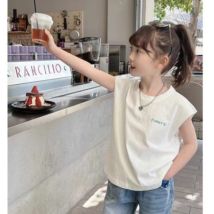 Girls' Cotton Sleeveless T-Shirt – White