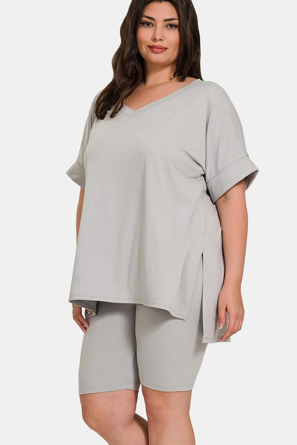 Zenana V-neck short sleeve T-shirt and shorts set in a casual style, featuring a slit design, perfect for comfortable everyday wear.