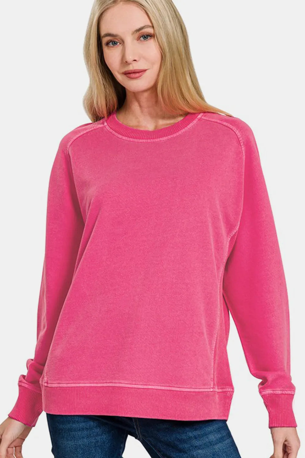 Zenana full-size pigment-dyed French Terry sweatshirt with long sleeves and relaxed fit, shown in a cozy, casual style.
