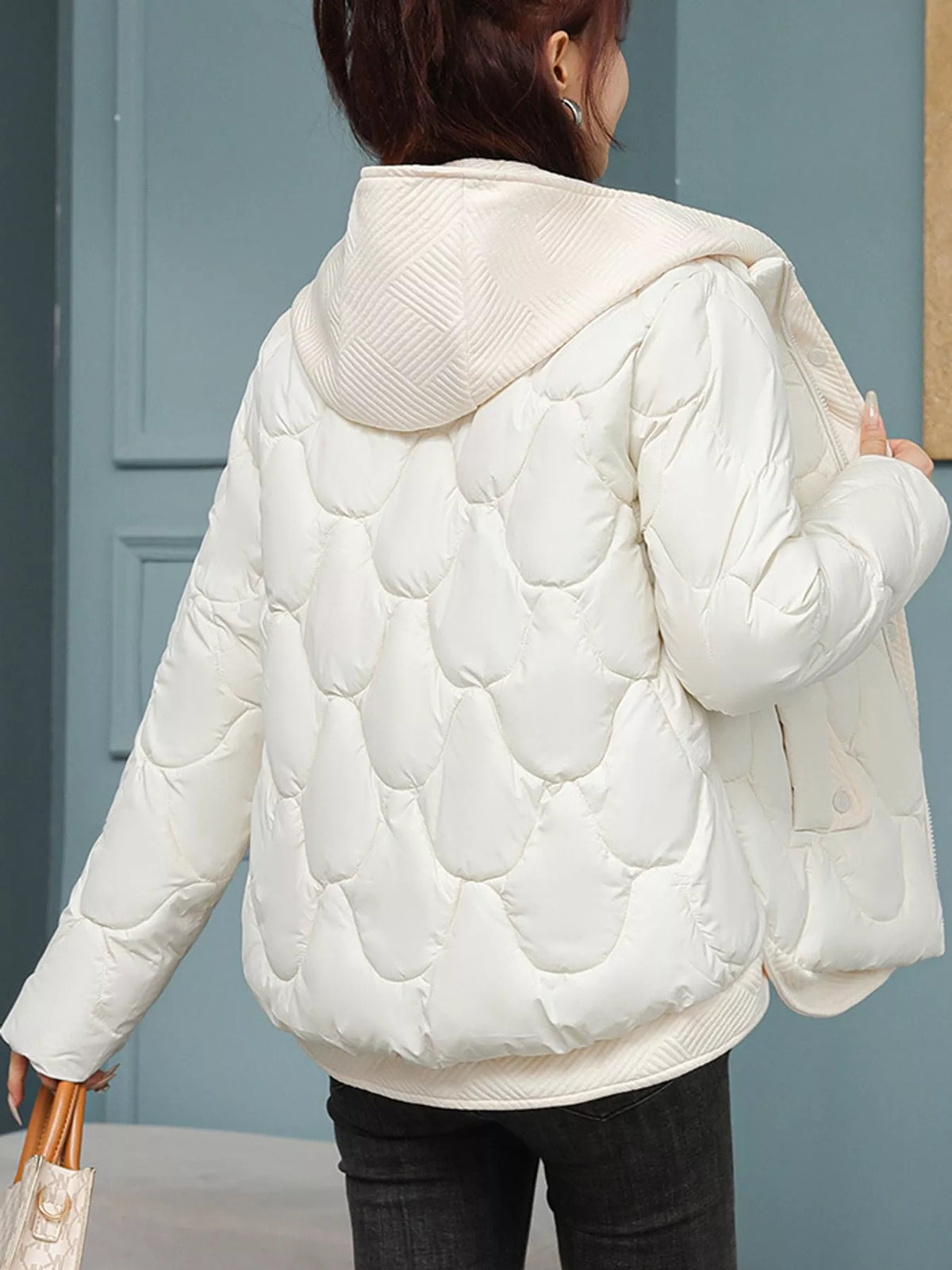 Plus size quilted hooded puffer jacket with snap buttons, view 2