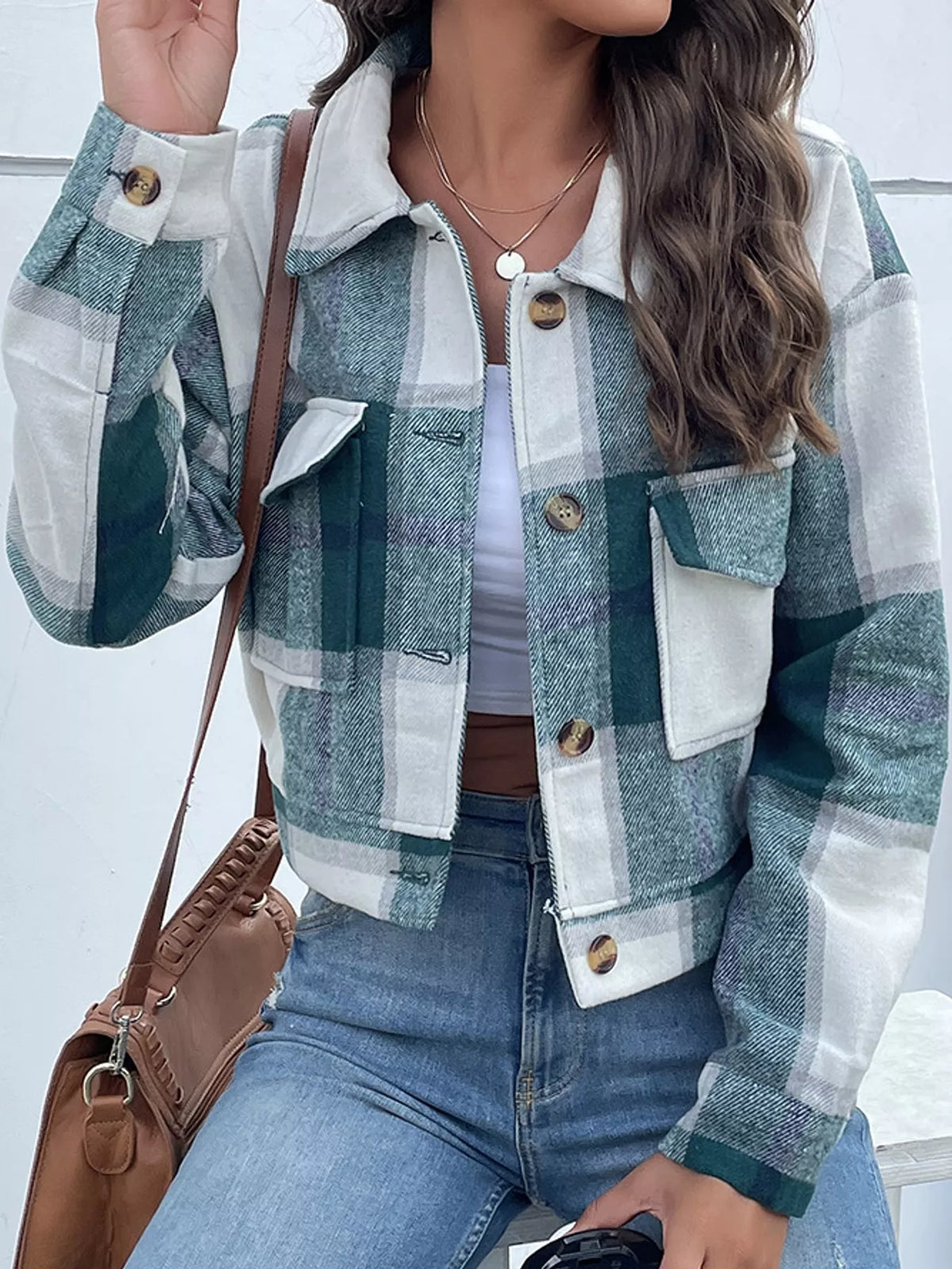 Plaid button-up cropped jacket, view 11
