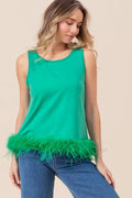 BiBi French Terry faux feather bottom back tied crop top by Trendsi, featuring a relaxed fit and back tie detail.