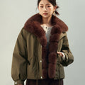 Women's Cropped Workwear Parka with Detachable Large Fur Collar, Thickened Cotton-Filled Windbreaker Coat eprolo