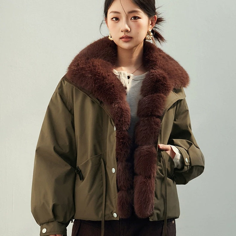 Women's Cropped Workwear Parka with Detachable Large Fur Collar, Thickened Cotton-Filled Windbreaker Coat eprolo