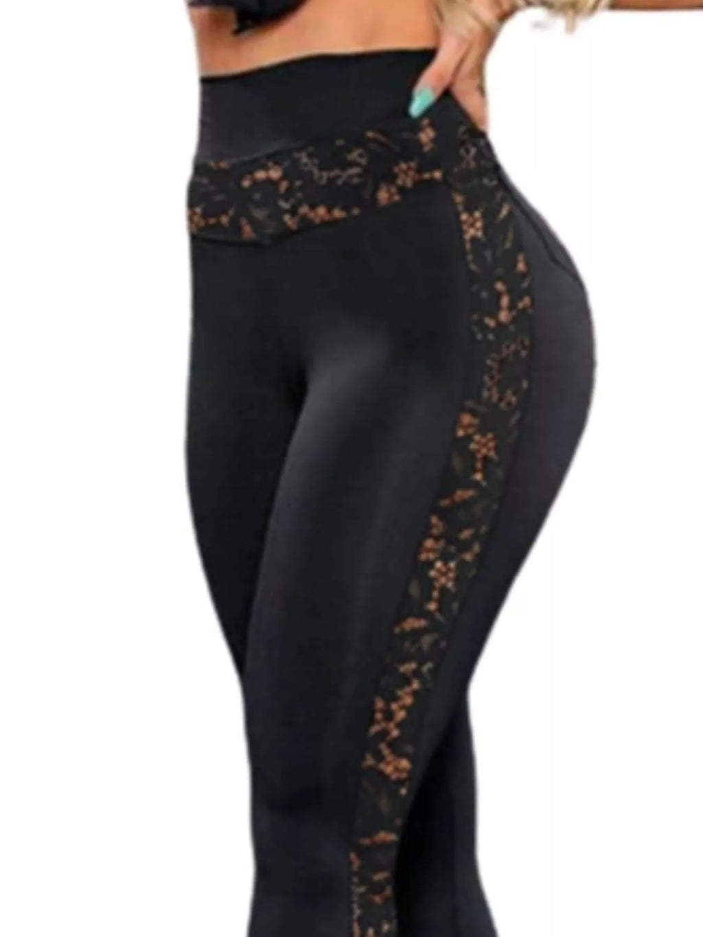 Full size high-waisted floral lace-trimmed slimming leggings in plus size, featuring a comfortable stretchy fit and floral details.