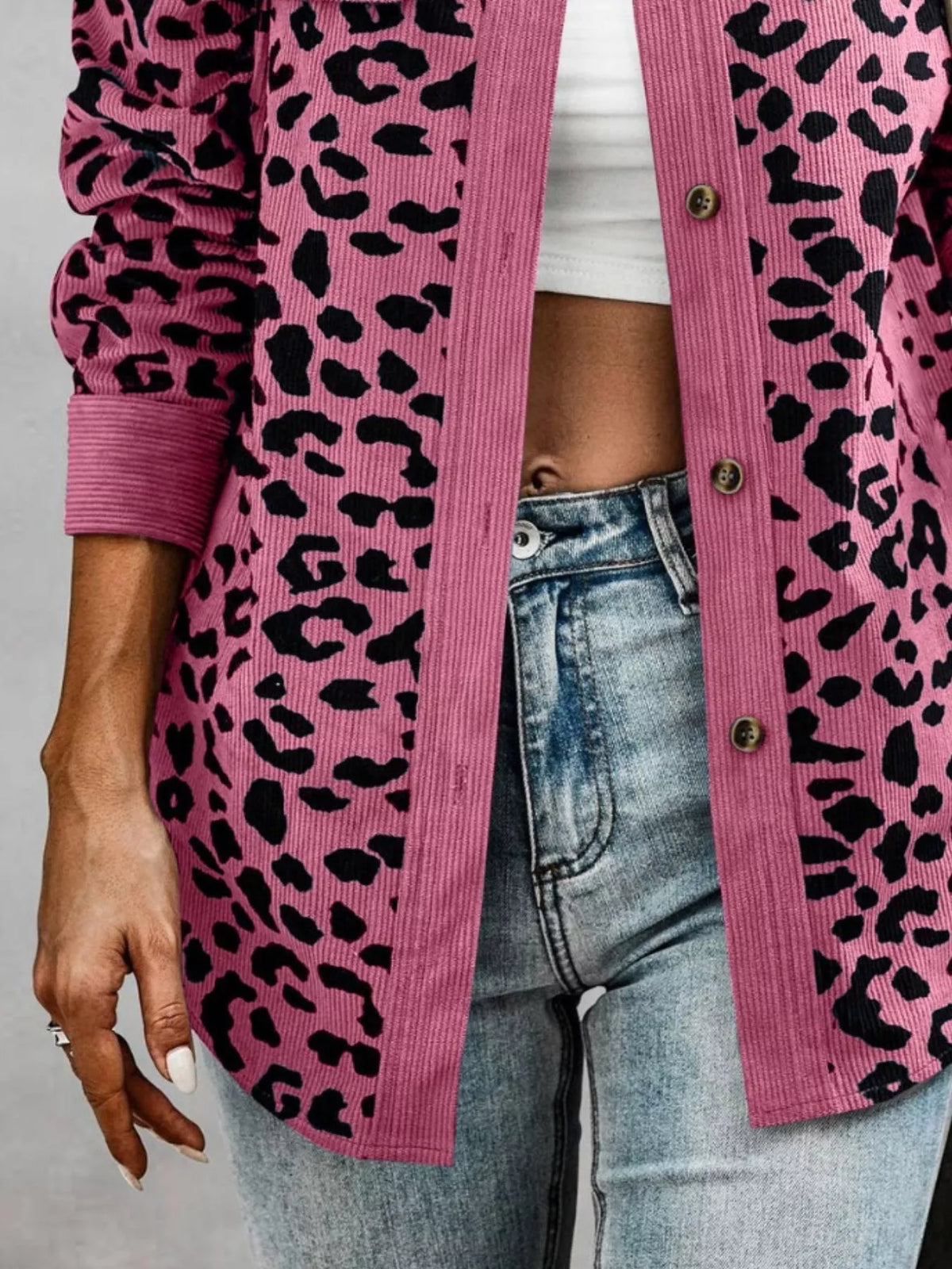 Plus size leopard print button-down jacket, view 23