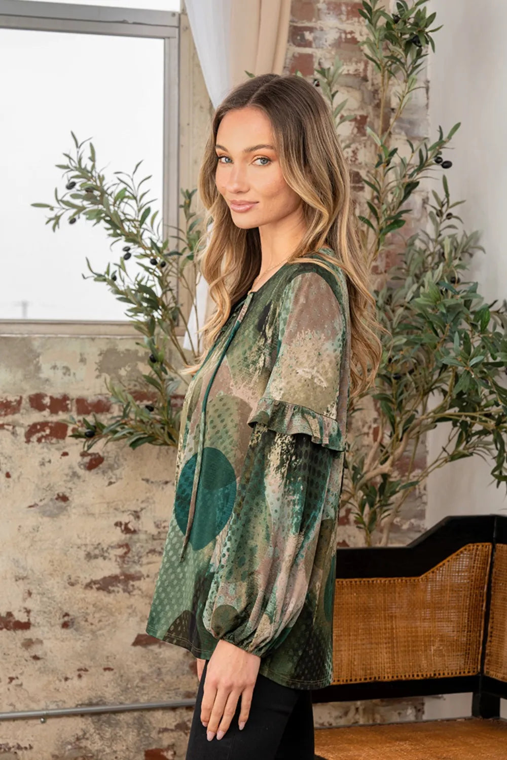 Sew In Love snakeskin print long sleeve top with ruffle detail, trendy fashion piece, in a full size, by Trendsi.