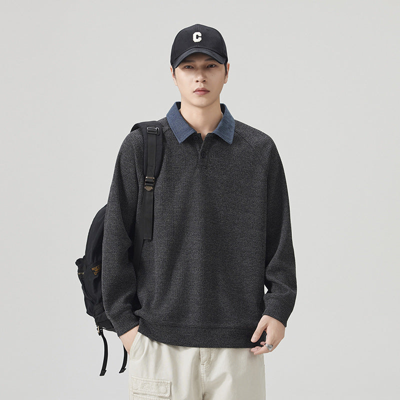 Men's Vintage  Spliced Denim Long Sleeve Polo Collar Loose Fit Casual Sweatshirt eprolo