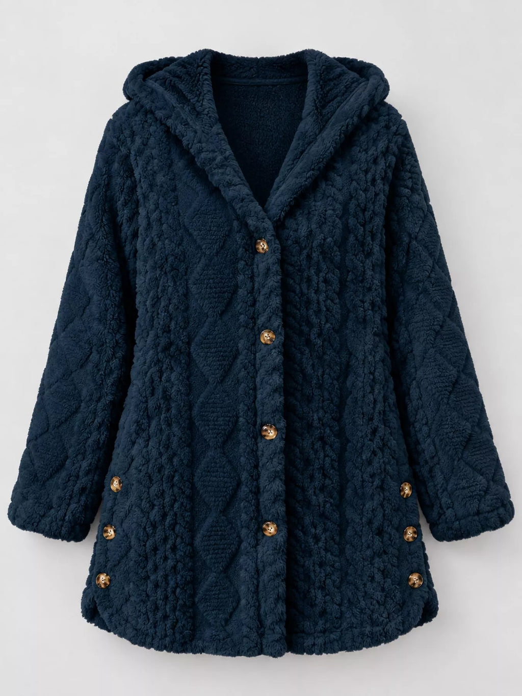 Full size cozy cable-knit faux fur hooded outerwear by Trendsi, plus size, featuring a warm, plush faux fur lining and cable-knit design.