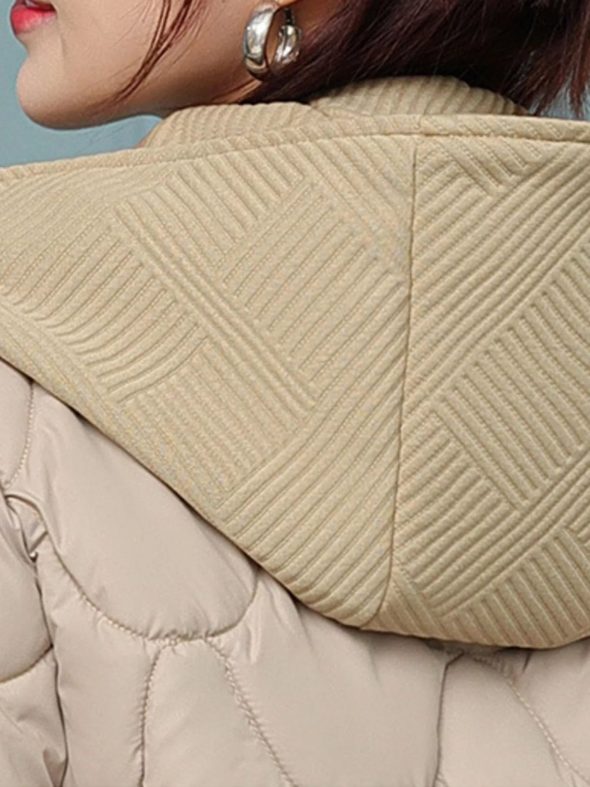 Plus size quilted hooded puffer jacket with snap buttons, view 17