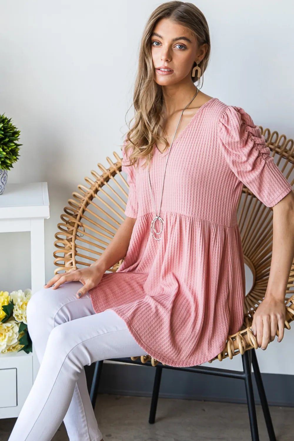 Heimish full size waffle knit V-neck babydoll top in a relaxed fit, featuring a V-neckline and cozy waffle texture.