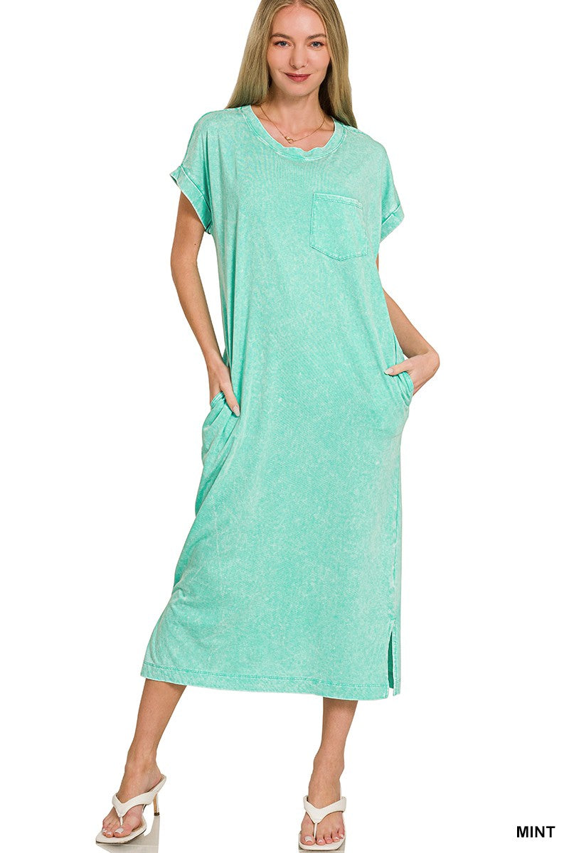 Zenana washed exposed seam short sleeve T-shirt dress with casual fit and lightweight fabric, shown on a model.